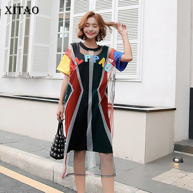 [XITAO] Новое Европейское повседневное свободное лоскутное платье-пуловер с коротким рукавом и круглым вырезом модное женское летнее платье до середины икры WBB3903
