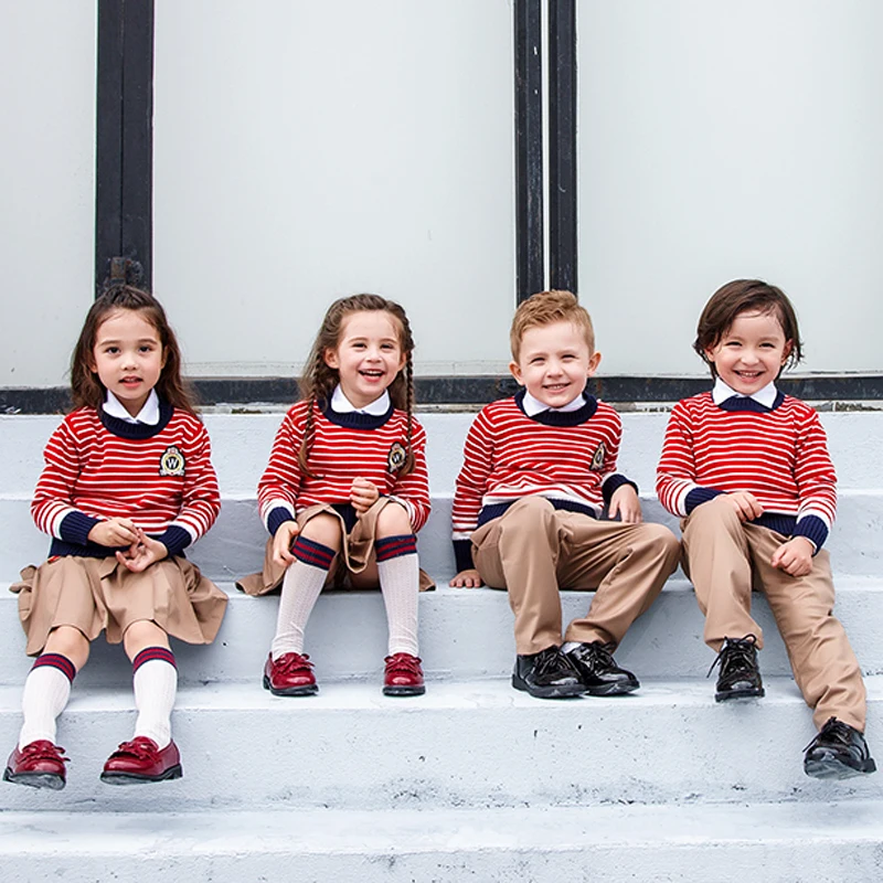 

New Spring Kids England Primary School Uniforms for Girls Boy Cotton Stripe Knit Sweater Pleated skirt Pant Student Suits