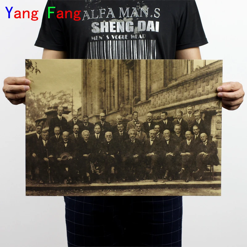 

Home Decor Vintage Marie Curie Einstein etc. Solvay Conference Scientists Photo Poster Retro Kraft Paper 51x35cm Wall Sticker