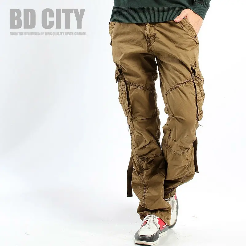 

Free Shipping Hot Fashion New Style Men's Casual Washing Overalls Multi Pockets Design Work Outdoor Pants Cargo Trousers Jeans
