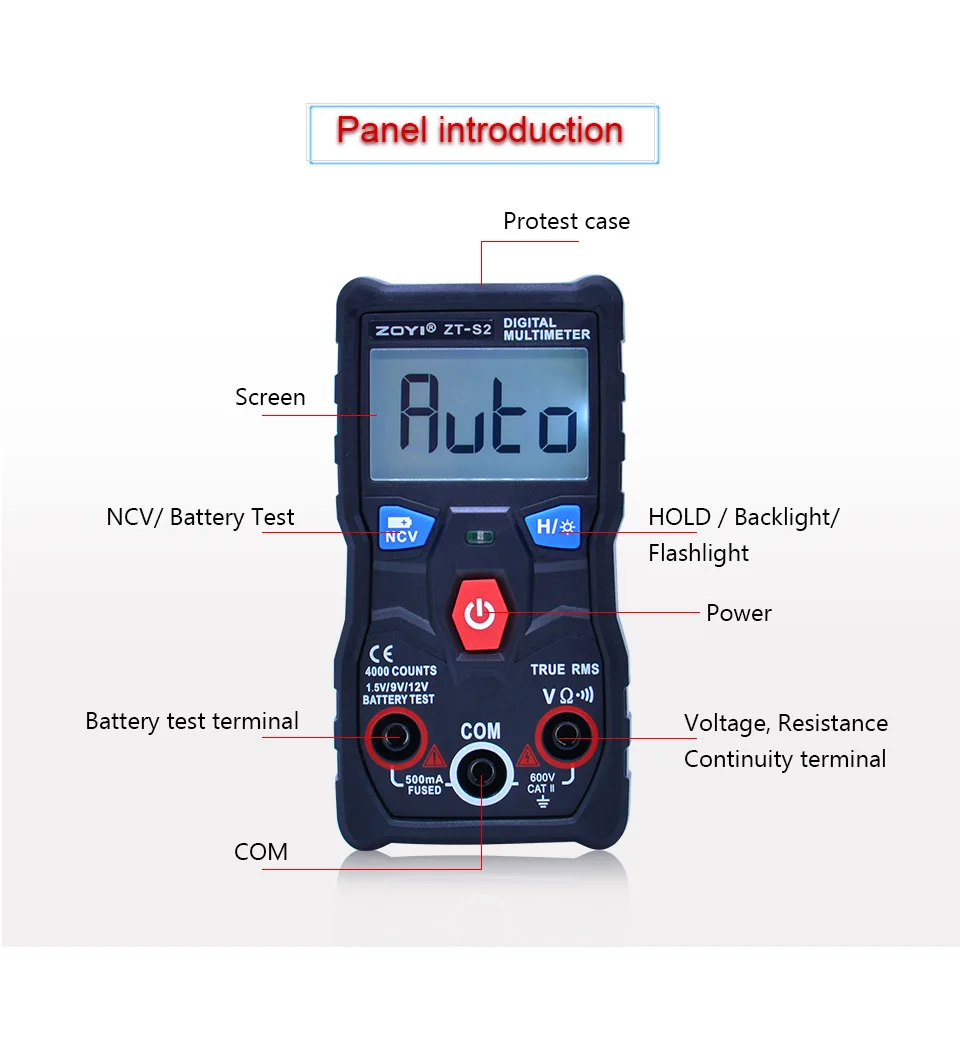 ZOYI ZT-S2 Цифровой мультиметр true rms autoranging 4000 отсчетов Multimetro AC DC 600 в вольтметр+ батарея/NCV тест ЖК-подсветка