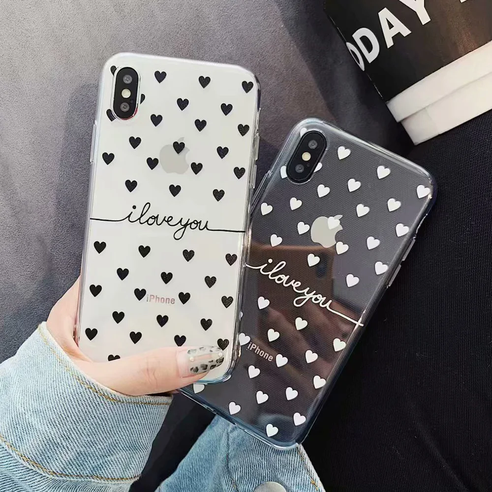 KIPX1078_6_JONSNOW Clear Case For iPhone 6 6S 7 8 Plus XS XR XS Max Black White Heart Pattern Soft Silicone Protect Back Cover Capa Fundas