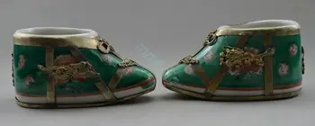 

Elaborate Chinese Old-style Collection Handmade Tibetan Silver Dragon Inlaid with Ceramic Art Shoes