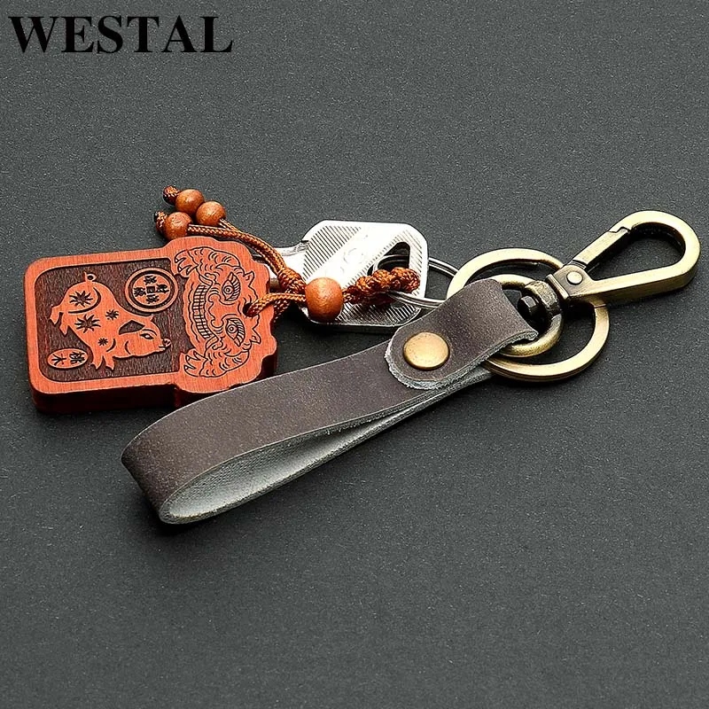 

WESTAL Genuine Leather Women Men Keychain Keyring Handmade Key Holder Bags Jewelry Designer Creative Gift Key Cow leather 9085