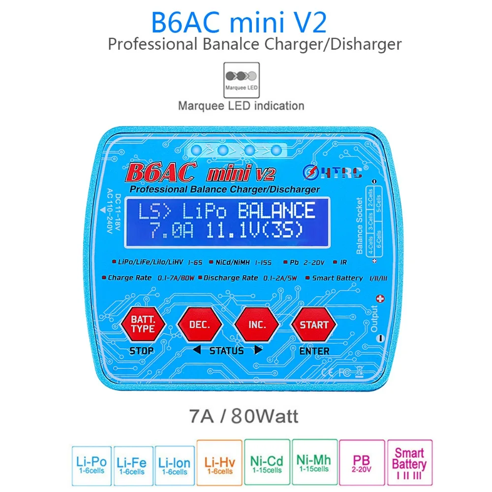 HTRC зарядное устройство iMax B6AC Mini V2 80 Вт 7A цифровой карманный RC Баланс Lipo Lihv LiIon LiFe NiCd NiMH батарея Dis зарядное устройство