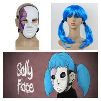 

Game Sally Face Cosplay Props Latex Mask Sallyface Blue Wig Hair Clip Ponytails Wigs + Wig Cap Halloween cosplay carnival easter