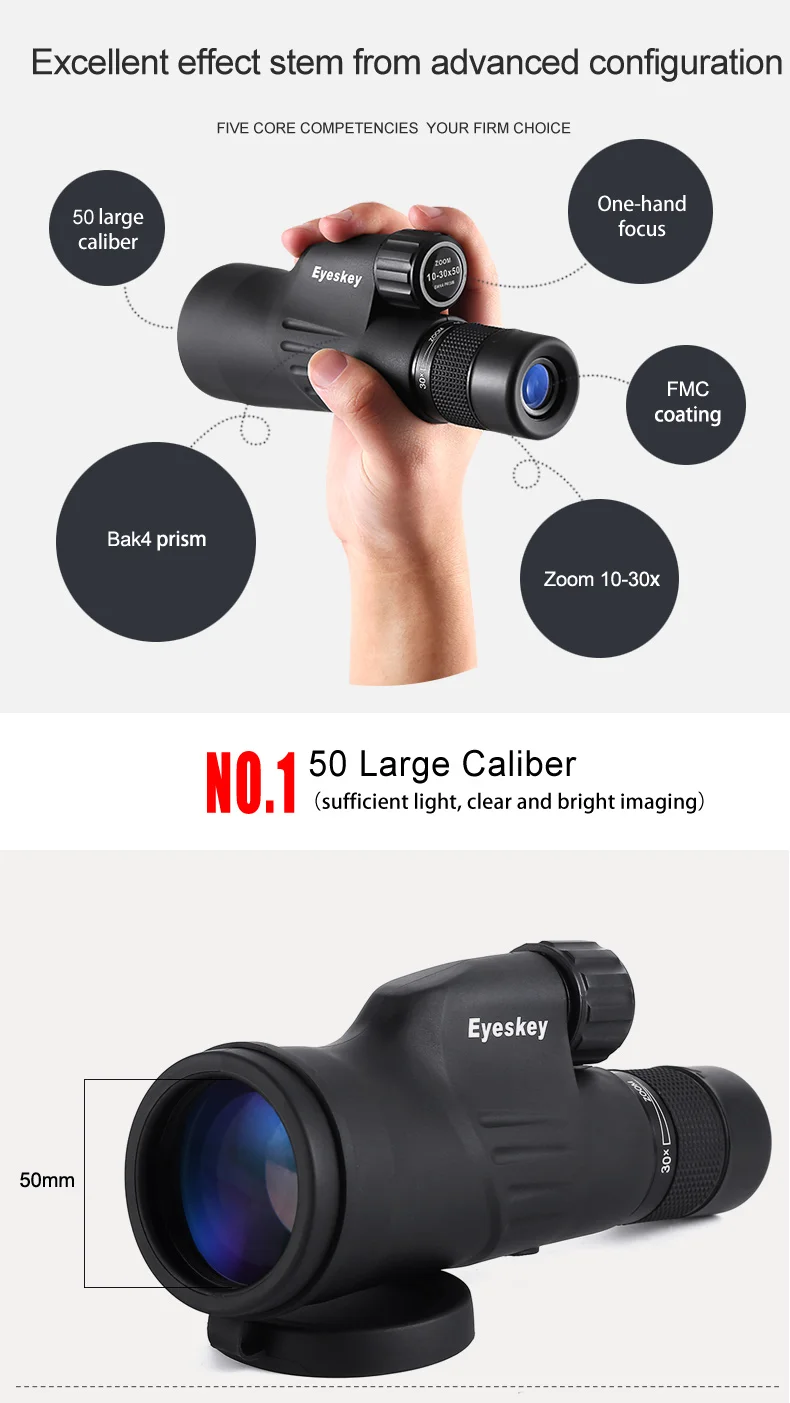 Monocular à Prova Bens para Acampar com Tripé Eyeskey Zoom Monocular Prisma Poderoso Telescópio Dwaterproof Água Caça 10-30x50 Bak4 8 High Quality Ferramenta
