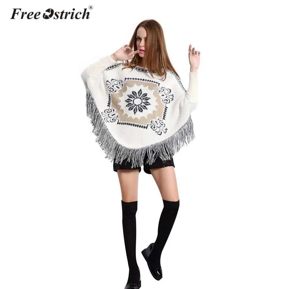 

Free Ostrich Autumn Winter Sweater Women Solid O Neck Batwing Sleeve Tassel Pullover Loose Poncho Capes Knitted Pull Femme S25