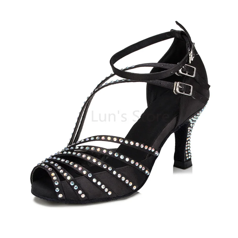 Black Nude Tan Satin Rhinestone Diamante Latin Ballroom Salsa Tango