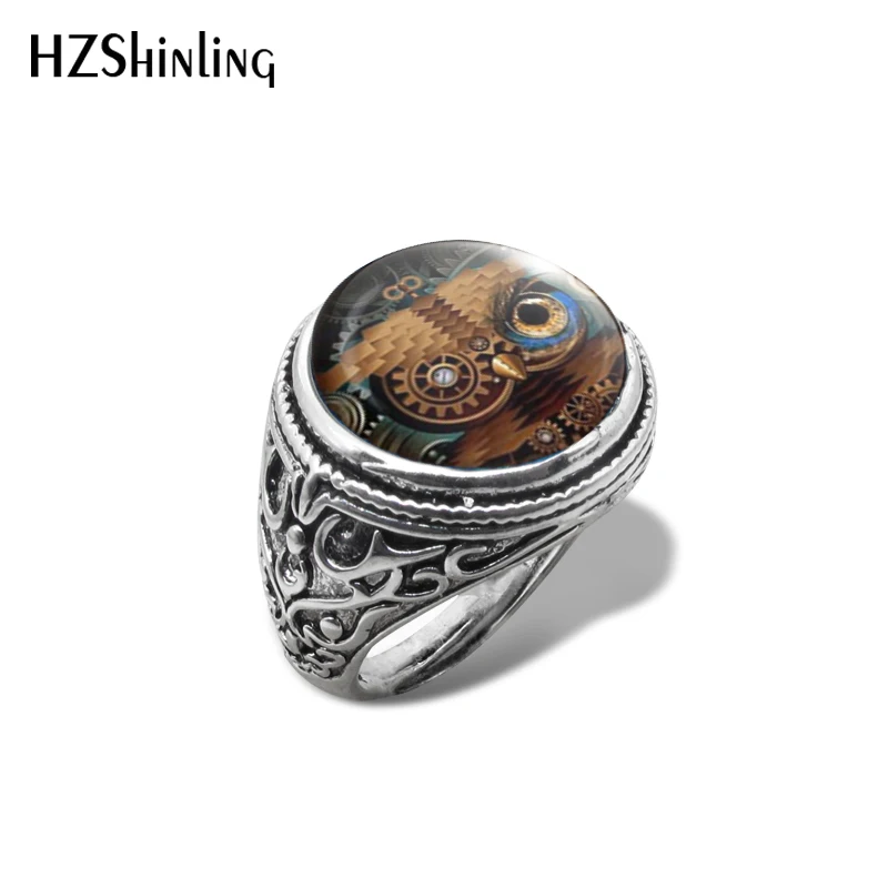 

2019 New Steampunk Owl Vintage Ring Vintage Owl Painting Rings Handmade Jewelry Glass Dome Cabochon
