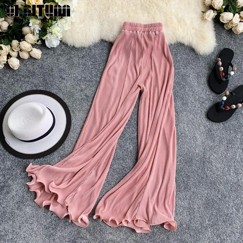 

Retro Wide Leg Pants Women Casual 2019 Summer Elastic Waist Solid Loose Pants High Waist Flare Pants Trousers Female