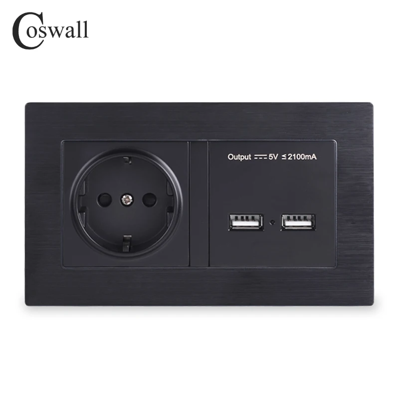 COSWALL, алюминиевая металлическая панель, настенная розетка, стандарт ЕС, розетка с двойным USB, умный индукционный порт зарядки для мобильного 5 в 2,1 А