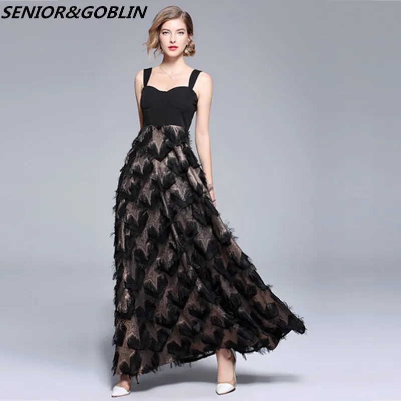 

2019 High Quality Summer Runway Women Party Long Dress Luxury Pink Patchwork Bronzing Tassel Feather Vintage Slim Maxi Dress XXL