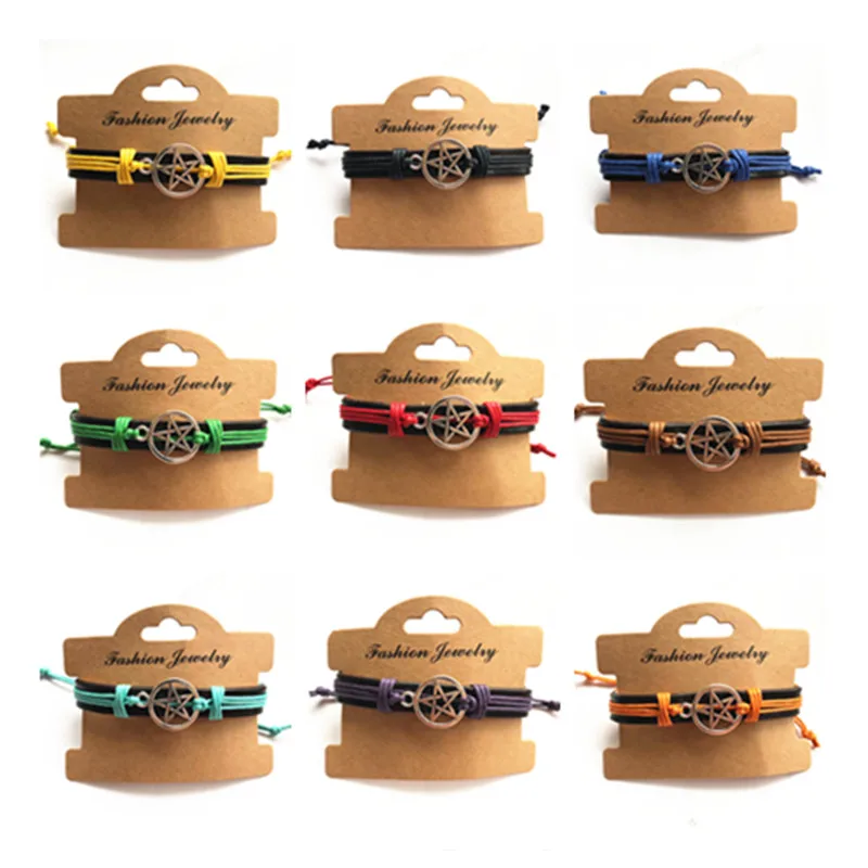 

12 Colour Wax Thread Braids Bracelets & Bangles Silver Star Pentagram Charm Leather Bracelet For Men Women Friendship Bracelets