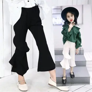 

2019 New Fashion Spring Autumn Children's Pants Girls Cotton Skinny Single Ruffles Leggings Teenage Solid Boot Cut Tousers W42