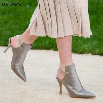 

Genuine Leather Thin Heel Women sandals Luxury Design Runway Female Summer High Heels Pointed Toe Buckle Straps Women Slingbacks