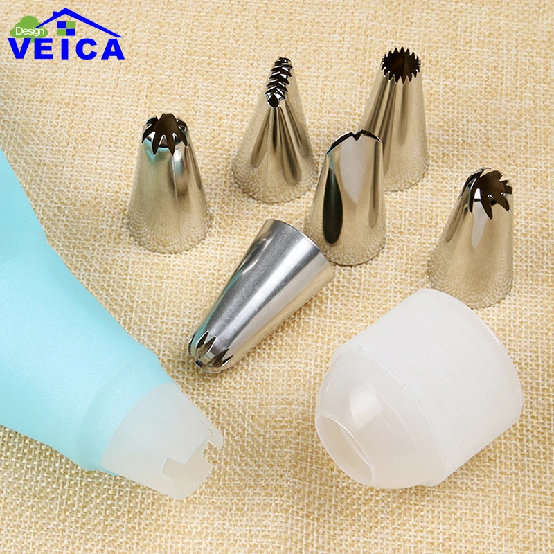 

2018 New Silicone Icing Piping Cream Pastry Bag + 6xStainless Steel Nozzle Set DIY Cake Decorating Tips Set