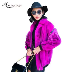 M. Y. FANSTY 2019 зима Женская Чистая фиолетовая норковая шуба красочная куртка пальто с круглым вырезом натуральный мех пальто красочная