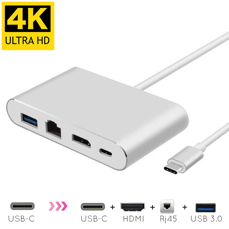 

USB Type C to Rj45 1000Mbps Gigabit Ethernet 4K HDMI USB 3.0 PD Charing Dock Converter 4 In 1 Aluminlium Alloy Hub for Macbook