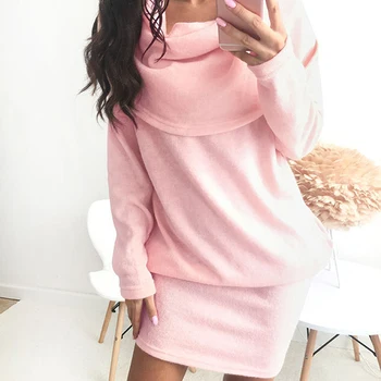 

Autumn Fashion Women Dress Ladies Scarf Neck Long Sleeve Bodycon Lapel Sweater Knitted Mini Dress Pink White Black Plus Size