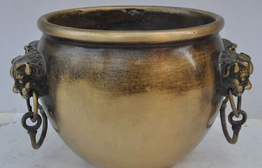 

shitou 002866 7"marked china pure bronze 4 foo dog lion head statue jar incense burner Censer