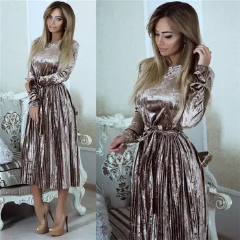 Susi&Rita Vintage Long Sleeve Velvet Dress Women 2019 Bodycon Belted Midi Dress Spring Pleated Party Dresses Vestidos Robe Femme susi