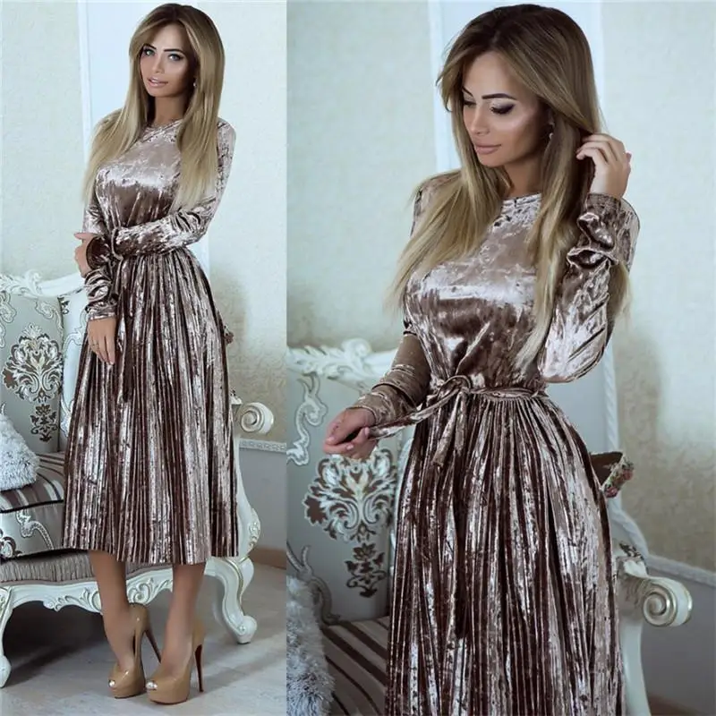 Achat Susi Rita Vintage à manches longues Robe en velours femmes 2019 moulante ceinturée Robe Midi printemps plissé robes de fête Vestidos Robe Femme