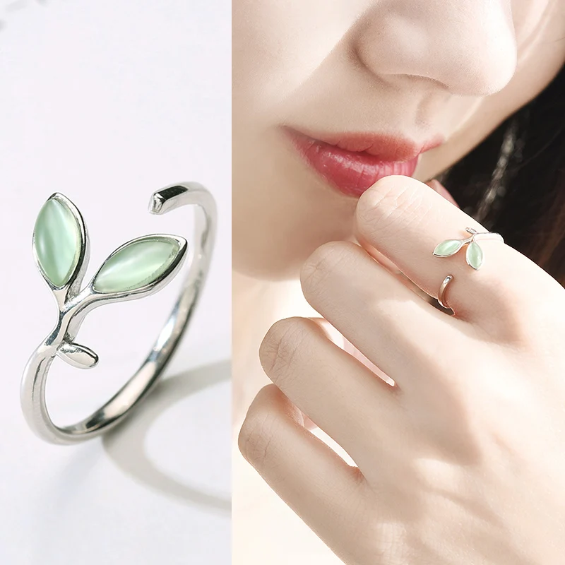 

LNRRABC 1PC Chic Graceful Alloy Korean Adjustable Open Rings Allergy Free Women Silver Green Opal Gifts Leaves Buds Exquisite