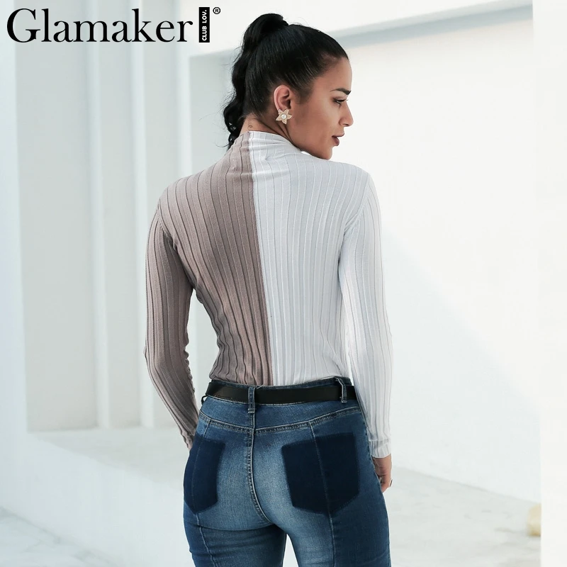 Glamaker Sexy white grey patchwork sweater shirt Women autumn winter turtle neck jumper sweater Party casual combine sweater top Sweaters