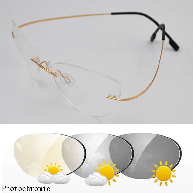 

Women Photochromic Myopia Cat Eye Sunglasses Rimless Memory Titanium Frames Customize Prescription Glasses Shortsighted Gafas R5