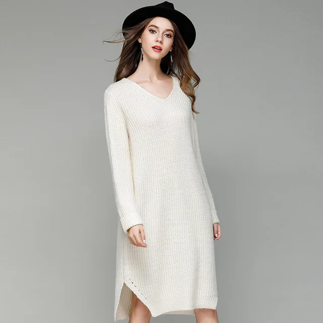 Buy Dresses White Knitted Sweater Dress Women Winter