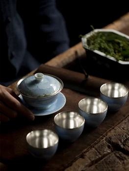 

TANGPIN 999 silver and ceramic gaiwan tea cup a tea sets silver chinese kung fu tea set drinkware