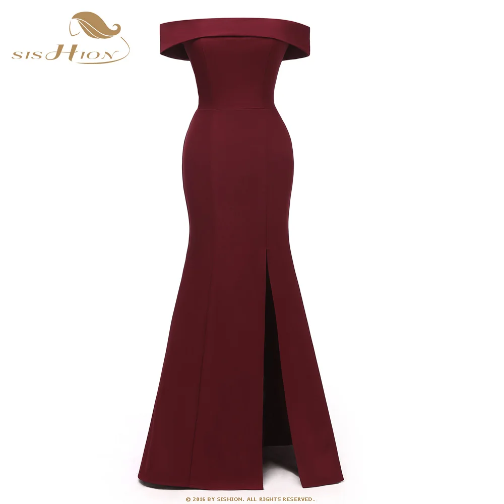 

SISHION Slash Neck Long Elegant Dress CD1684 Split Left Navy Blue Wine Red Black Party Dress robe longue