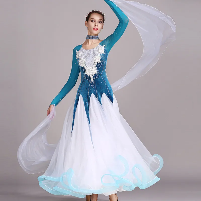 Velvet Stitching Applique Ballroom Dance Competition Dress Modern Dance Costume Waltz Dress Luminous Costumes