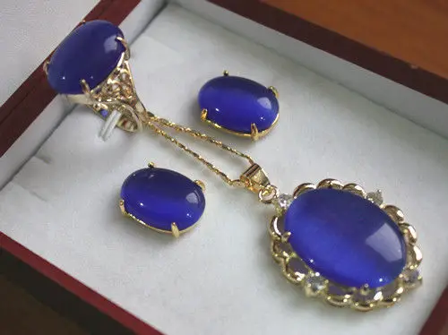 

FREE shipping>>>>>> Fashion 13*18mm Plated Blue Opal Ring(#6,7,8,9) Earrings Pendant Jewelry Set