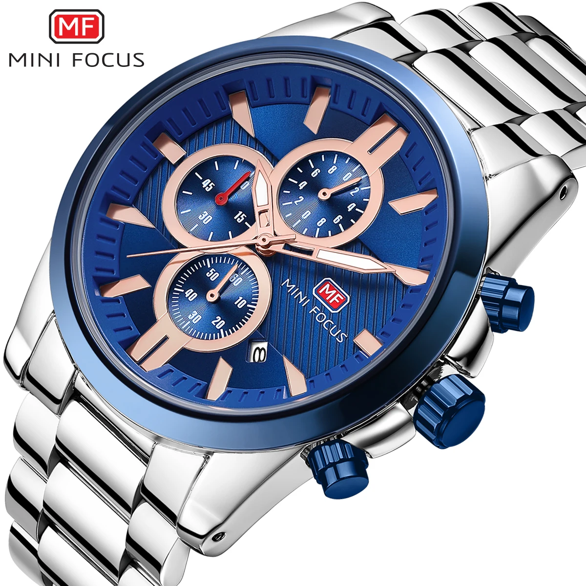 

MINIFOCUS Mens Watches Top Brand Luxury Blue Quartz Clock Stainless Steel Strap Chronograph 3 Dials 6 Hands Calendar Waterproof
