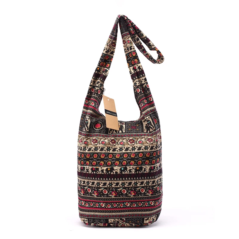 Women Cotton Shoulder Bag Bohemian Style Messenger Bag Elephant Print Crossbody