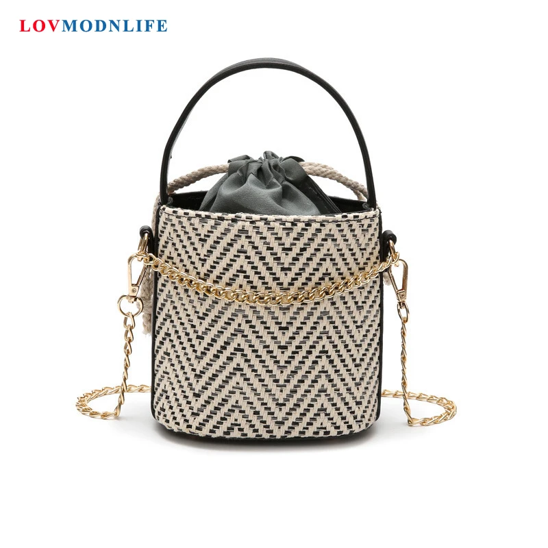 

Straw Bag For Women 2019 Summer Ladies Handbags Small Bucket Female Weave Bag Leather Bohemian Shoulder Woven Beach Tote Bags