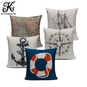 

vintage cushion covers Marine Style Hand Painted Ship Almofadas 45Cmx45Cm Square Home Decor 1 Side Printing Outdoor Pillows