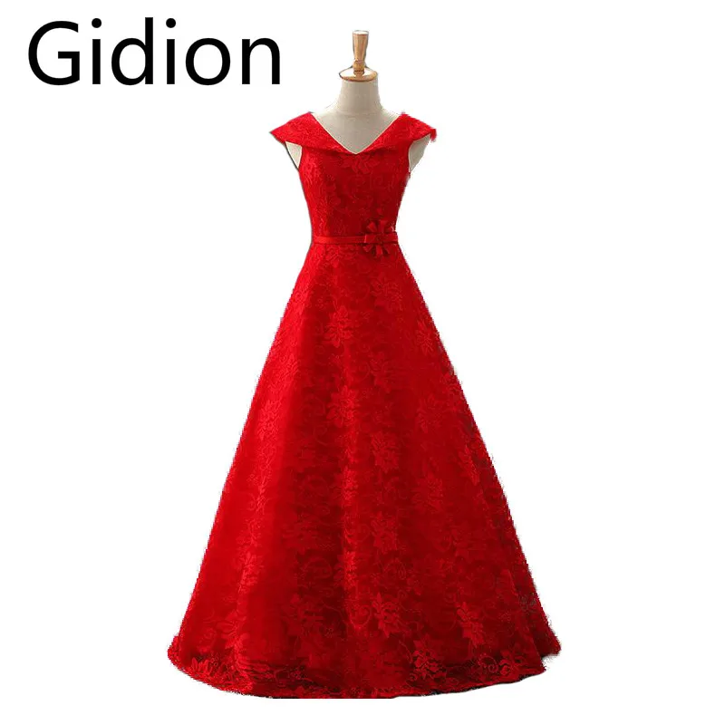 

2017 real picture red lace cap sleeve v neck elegant evening dress floor length with sashes corset long evening gowns on sale