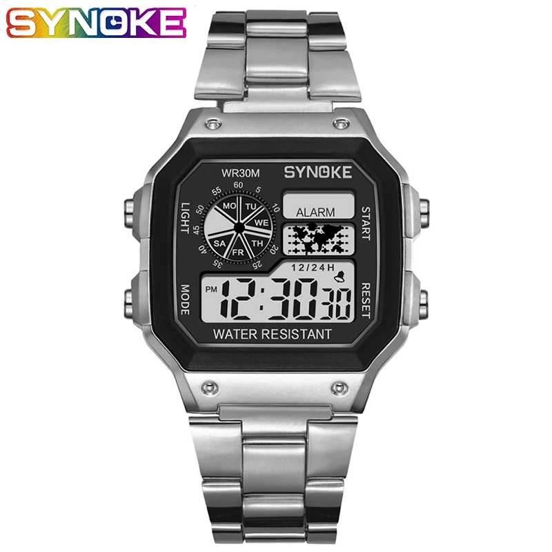 

SYNOKE Stainless Steel Digital Wristwatches Waterproof Mens Watches Top Brand Luxury Clock Electronic LED Watch Men