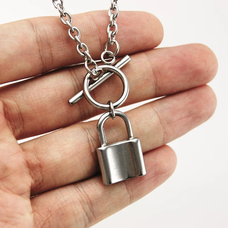 

Handmade Stainless Steel Lock Podlock Pendant Neckklace For Women Men Unisex Goth Rolo Chain Necklace Choker Metal Collar