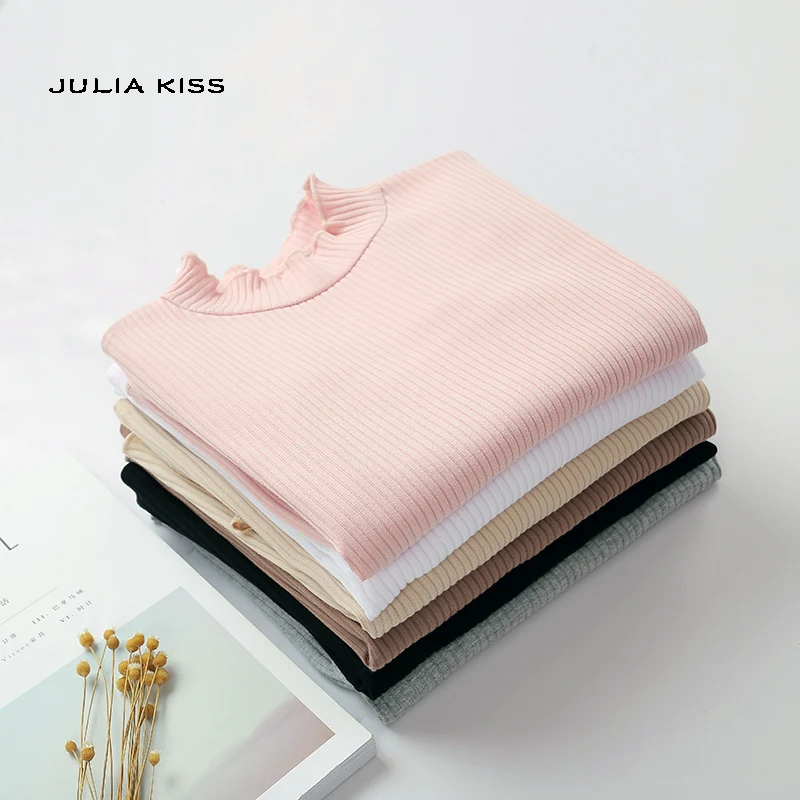 Women Cotton High Neck Long Sleeve Rib Crop Top With Ruffled Trimmings High Neck T-shirt Women Cotton High Neck Long Sleeve Rib Crop Top With Ruffled Trimmings High Neck T-shirt