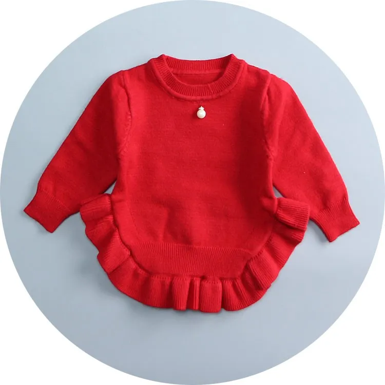 Новинка для маленьких девочек свитер на осень и зиму, Детский свитер с оборками свитер с жемчугом От 1 до 2 лет - Цвет: Красный