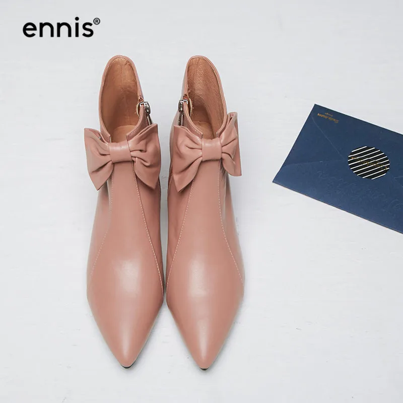 Botines pink Fino Negro Cuero Invierno Zip Talón Zapatos Punta Ennis Dedo Tobillo Genuino Mujeres Black De 2018 Botas Rosa Pie A8140 Otoño Bowtie Del WwnUqYg0