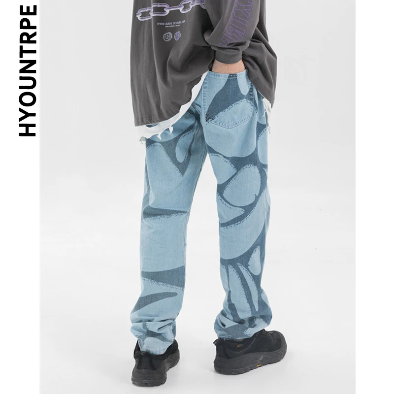 Необычные Геометрические Печатные джинсовые эластичные мужские джинсы талия Drewstring прямые брюки хип хоп Уличная осень зима брюки Jogger