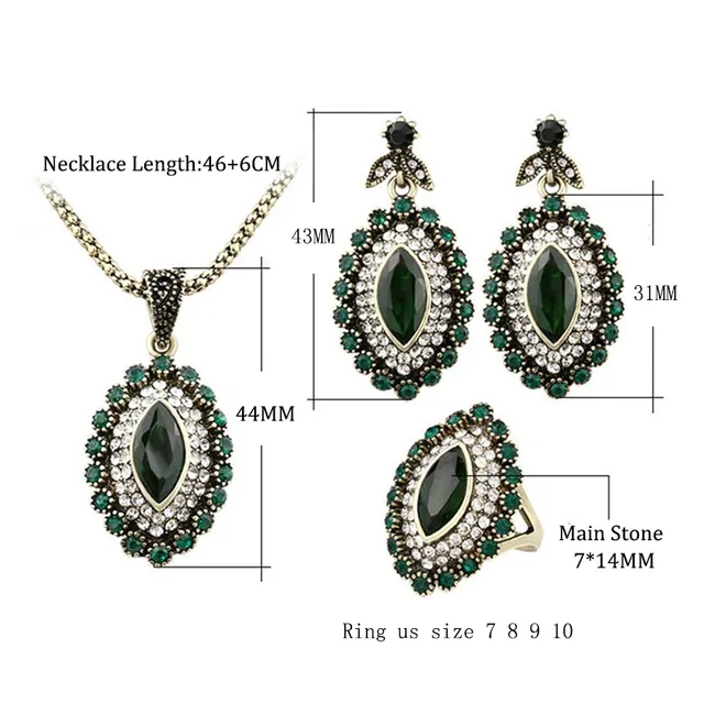 Conjunto De joyería con diamantes De imitación para mujer, collar, pendientes, pendientes, diseño De flor, Ojo De caballo, cristal verde, Estilo Vintage indio Conjunto De joyería con diamantes De imitación para mujer, collar, pendientes, pendientes, diseño De flor, Ojo De caballo, cristal verde, Estilo Vintage indio