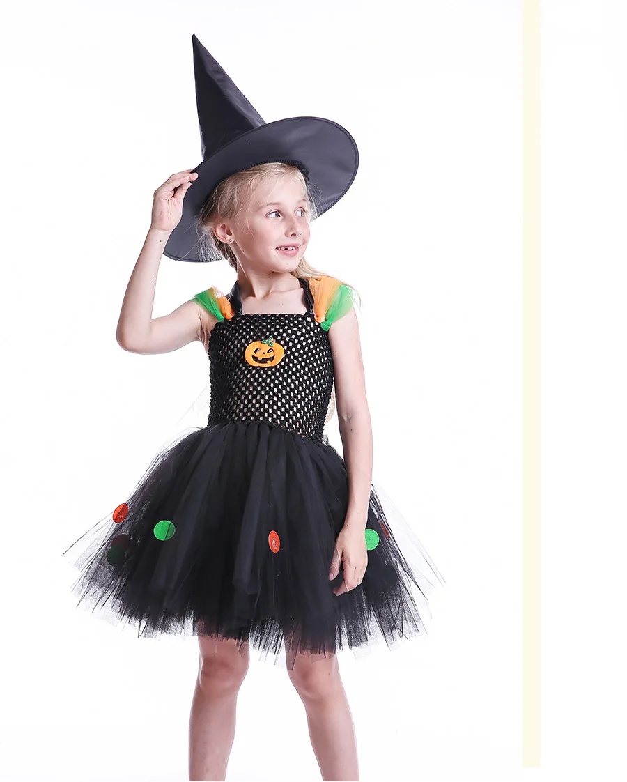 Pumpkin Pattern Girls Halloween Tutu Dress with Witch Hat Colorful Polka Dot Baby Girl Dress Kids Witch Costume Photo Party (7)