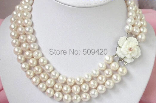 

Free Shipping >>>>Stunning 9mm 3Strands White Pearl Necklace cameo Clasp