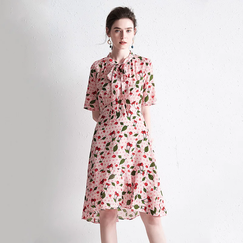 

Pink Red Cherry Print Sweet Midi Silk Dress Women Summer Ribbons Bow High Waist A Line Dresses Kawaii Cute za sukienka vestiti